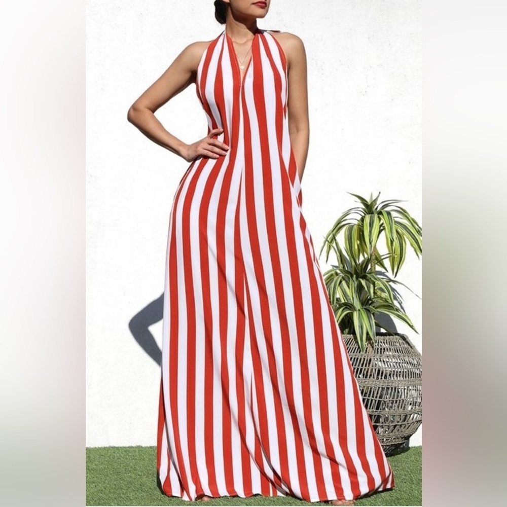 Red & White Striped Halter Wide Leg Jumpsuit Backless Maxi Vacation Outfit